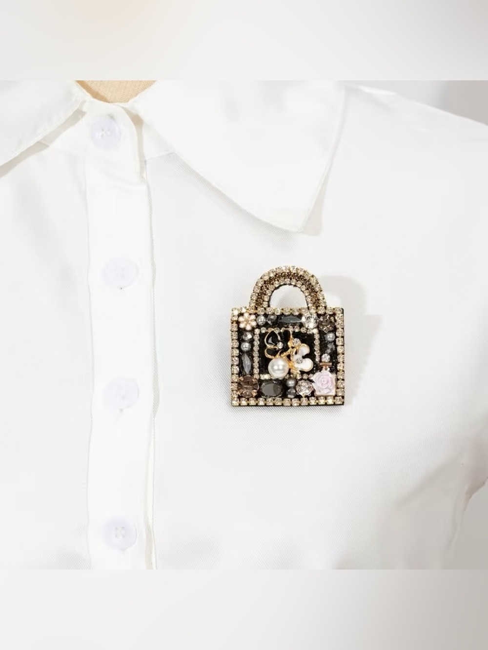 Purse Shaped Brooch Embellished Rhinestone Black Mini Bag Pin NIP - Picture 2 of 4